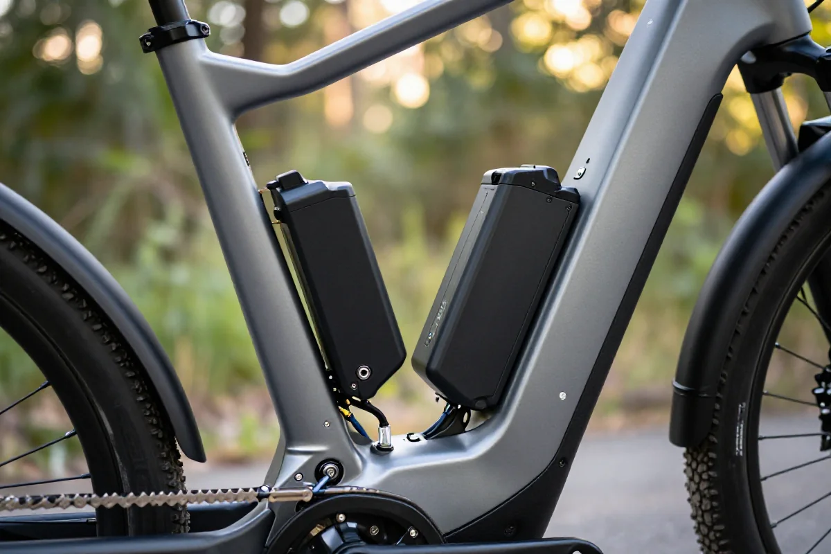 Szczegóły akumulatora roweru elektrycznego w terenie podczas bikepackingu