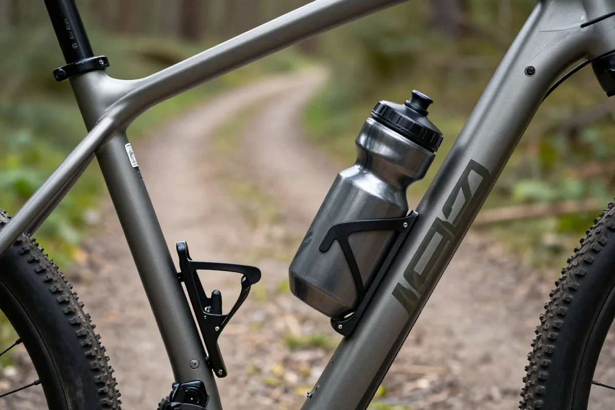 Zbliżenie na uchwyt butelki w rowerze górskim na leśnej trasie