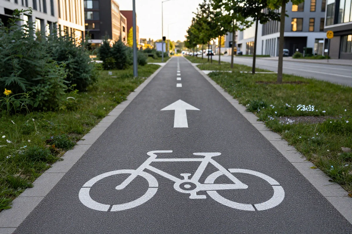 Nowoczesna infrastruktura rowerowa we Wrocławiu, z wyraźnymi ścieżkami rowerowymi.