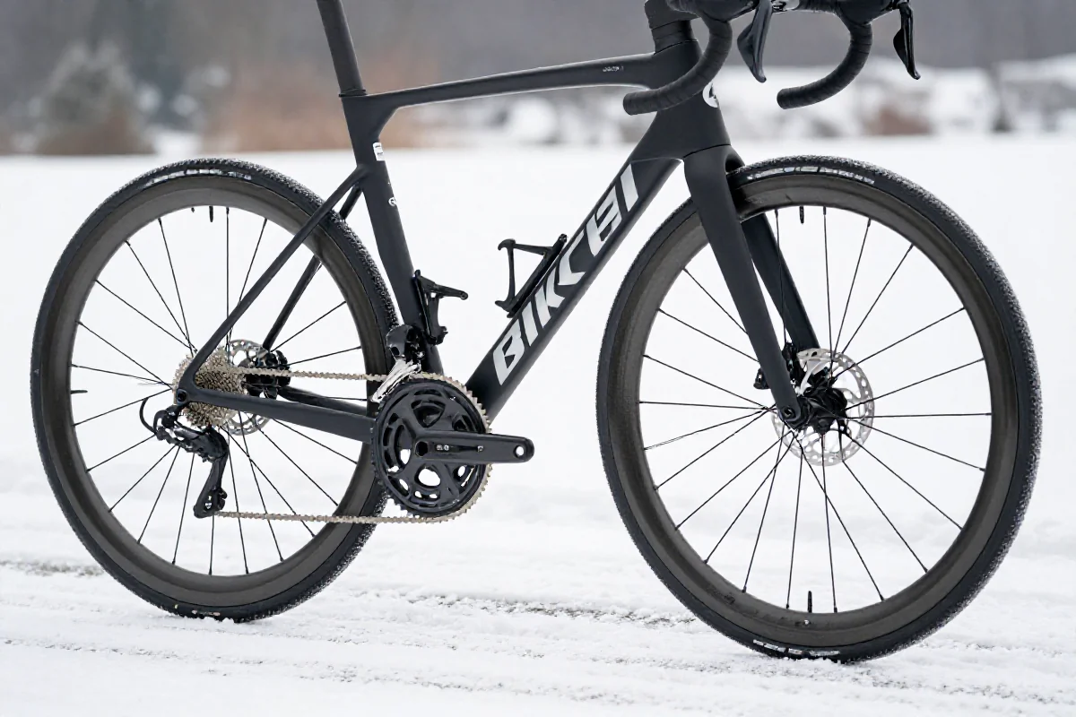 Zimowy rower szosowy na śniegu, idealny do treningu zimowego.