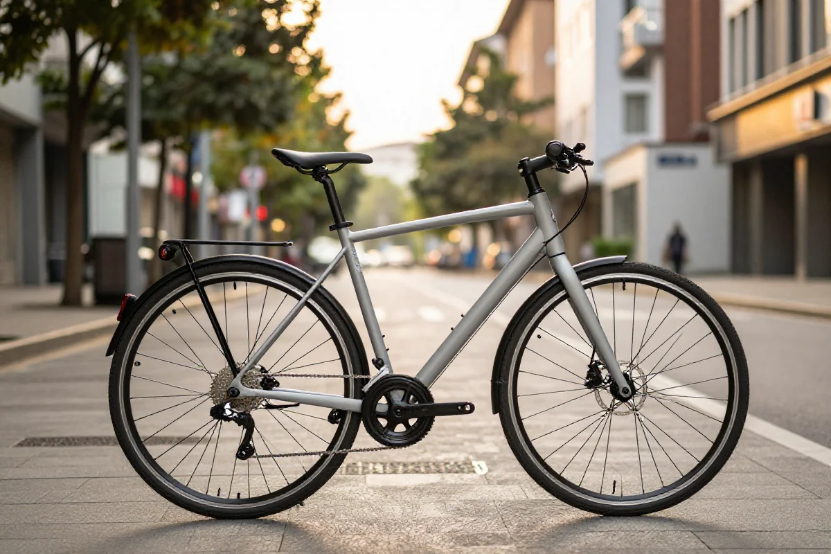 Rower miejski z ergonomiczną ramą i zaawansowanymi komponentami w scenerii miasta.
