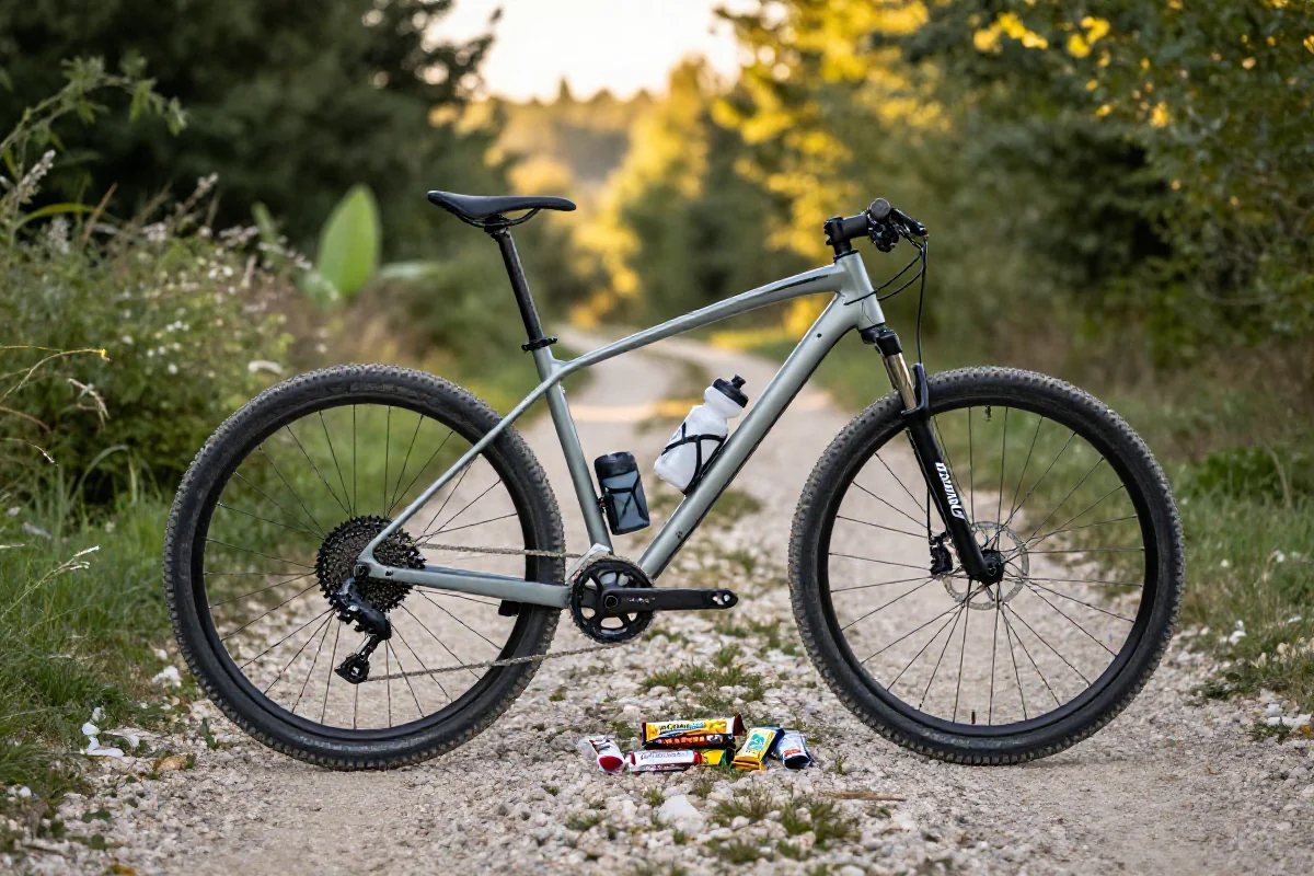 Rower bikepacking z przekąskami i wodą w malowniczym otoczeniu natury