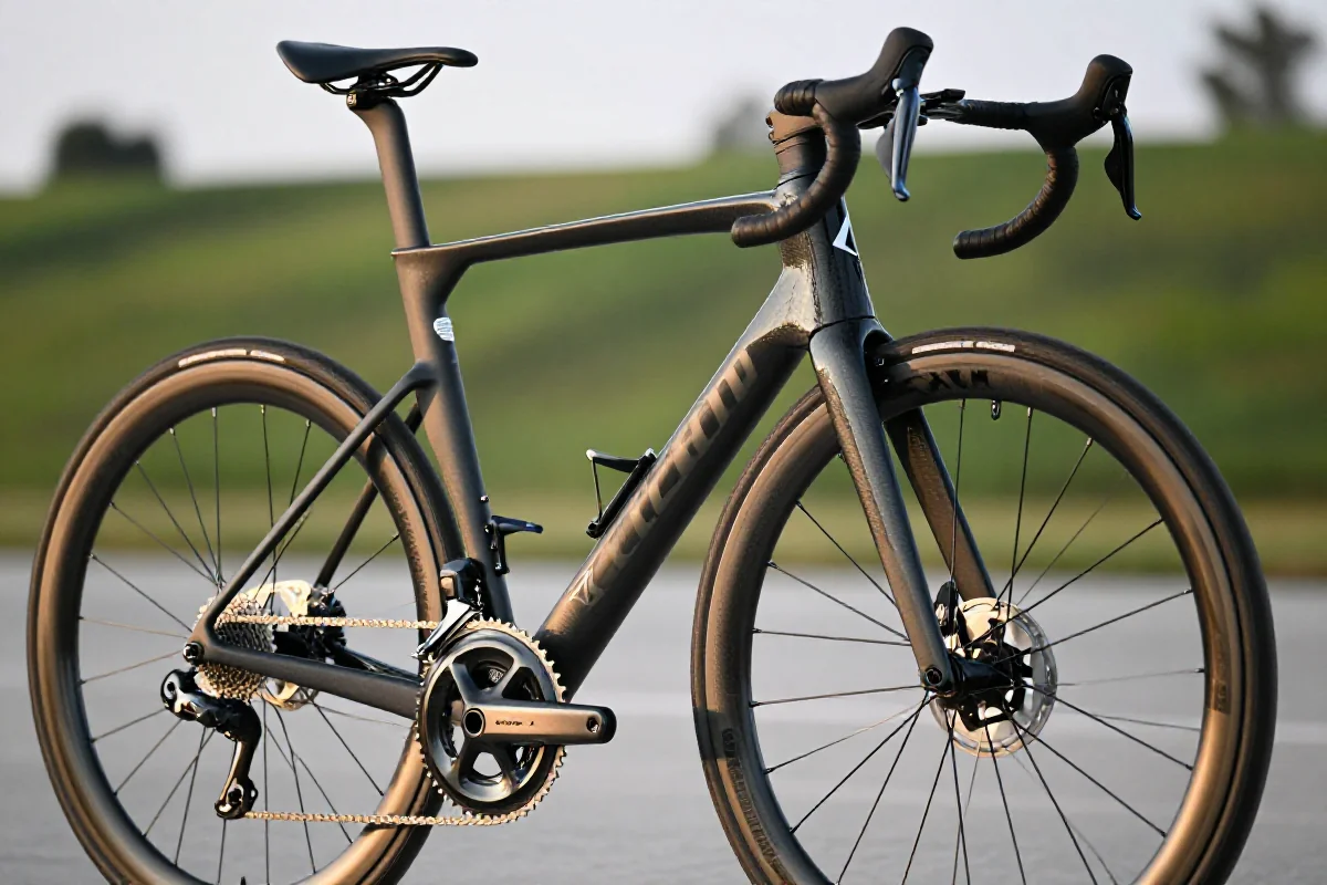 Szczegóły roweru szosowego z lekką ramą i aerodynamicznymi kołami.