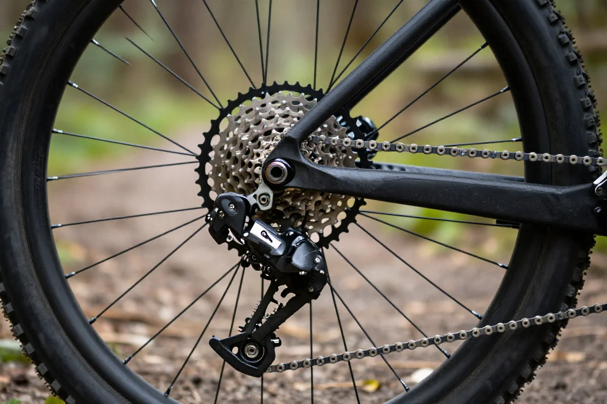 Zbliżenie na system przerzutek i łańcuch roweru górskiego w lesie.