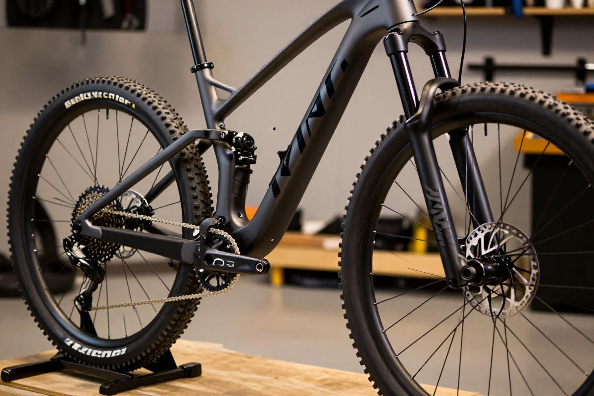Zbliżenie na ramę roweru górskiego z zaawansowanymi komponentami