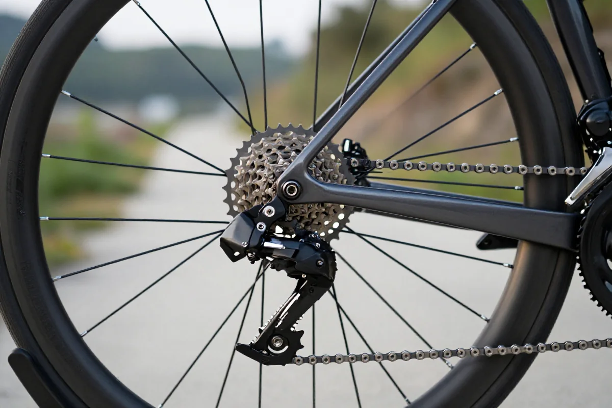 Szczegóły mechanizmu przerzutki roweru szosowego na tle trasy rowerowej