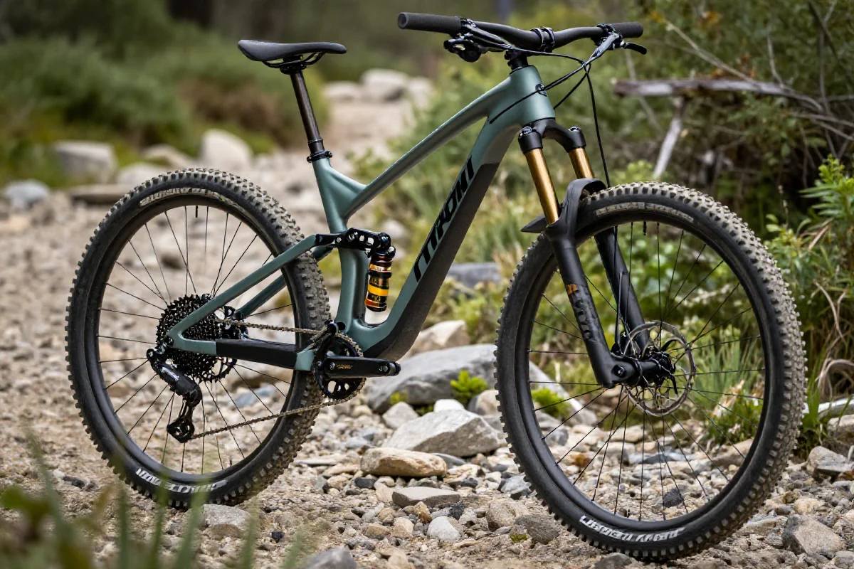 Nowoczesny rower górski na kamienistej trasie, ukazujący zaawansowane zawieszenie.