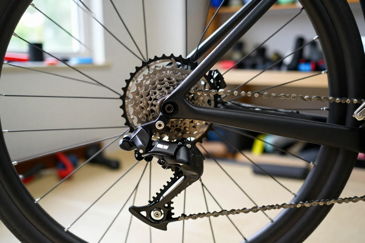 Szczegółowy widok mechanizmu zębatkowego roweru w dobrze oświetlonym warsztacie.