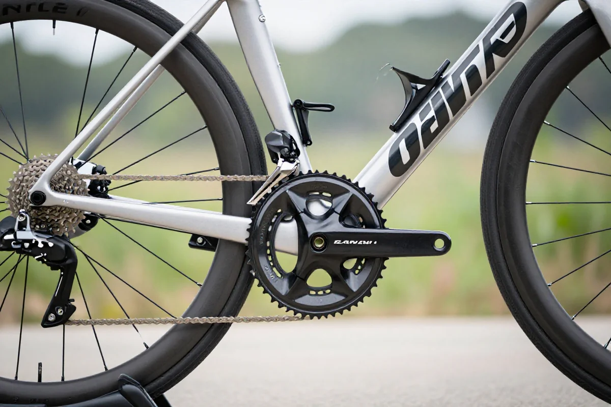 Szczegółowy widok na rower szosowy z miernikiem mocy w terenie.