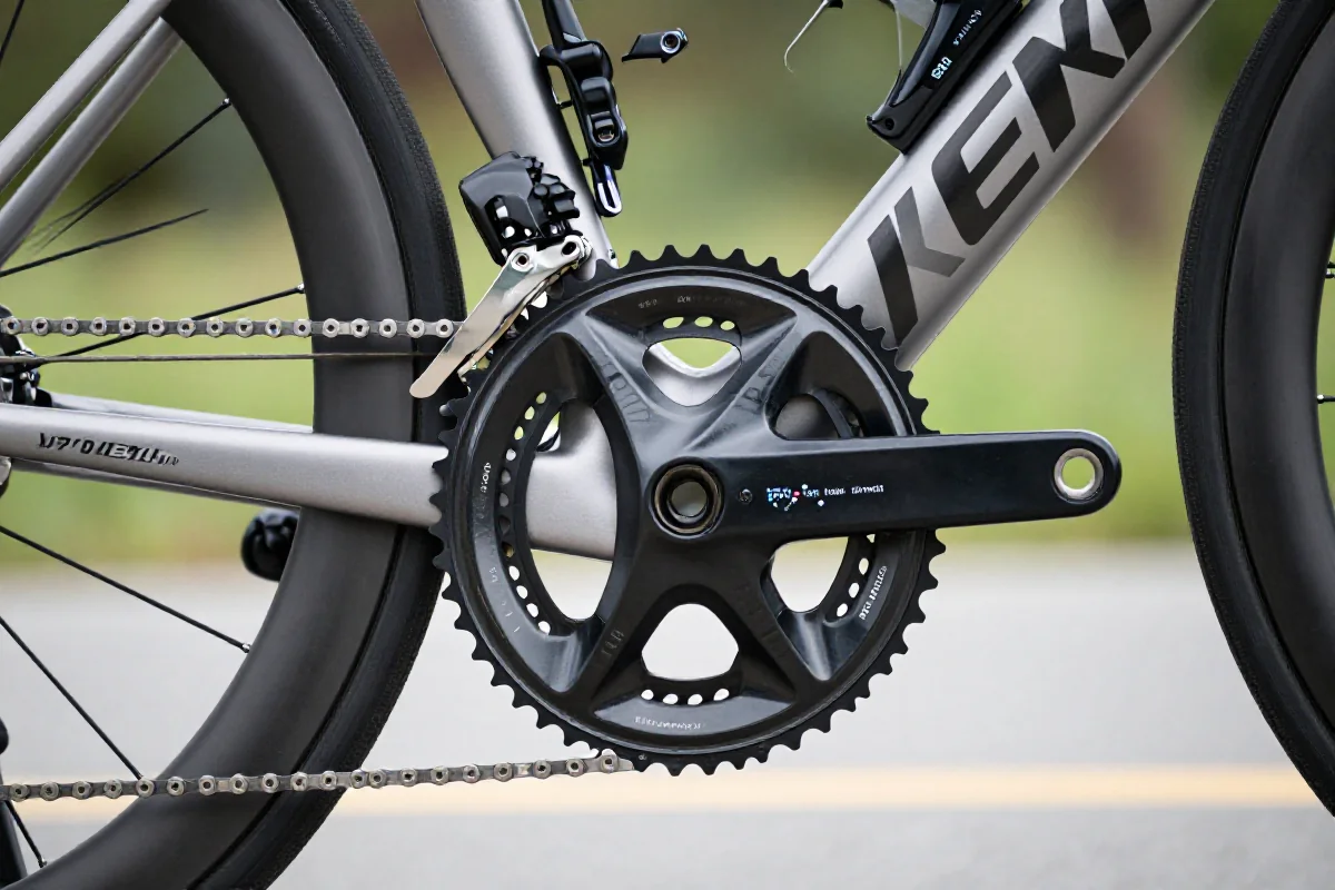 Miernik mocy zamontowany na korbie roweru szosowego, detal techniczny.