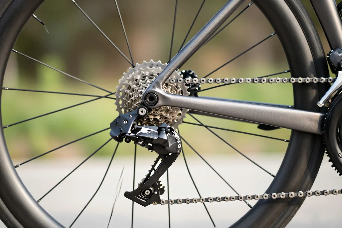 Szczegółowy widok układu napędowego roweru szosowego z widocznymi elementami mechaniki.