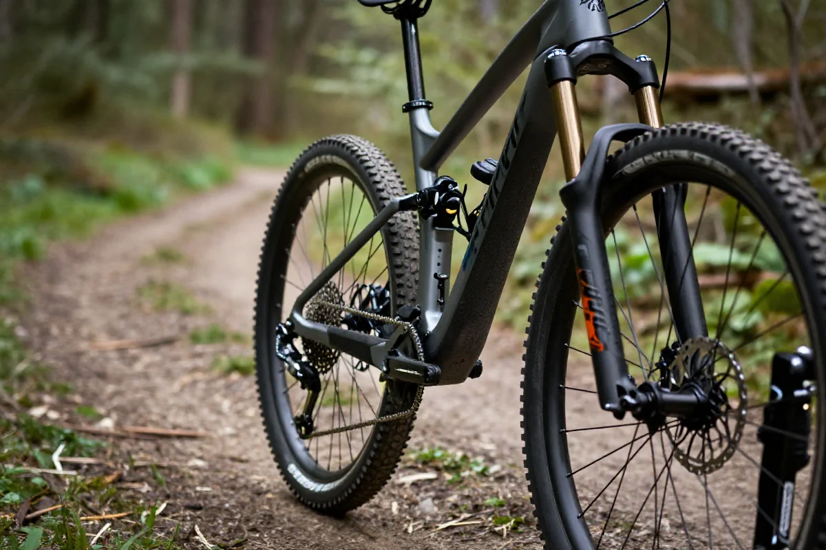 Rower górski na tle leśnego szlaku, podkreślający elementy sprzętu rowerowego.