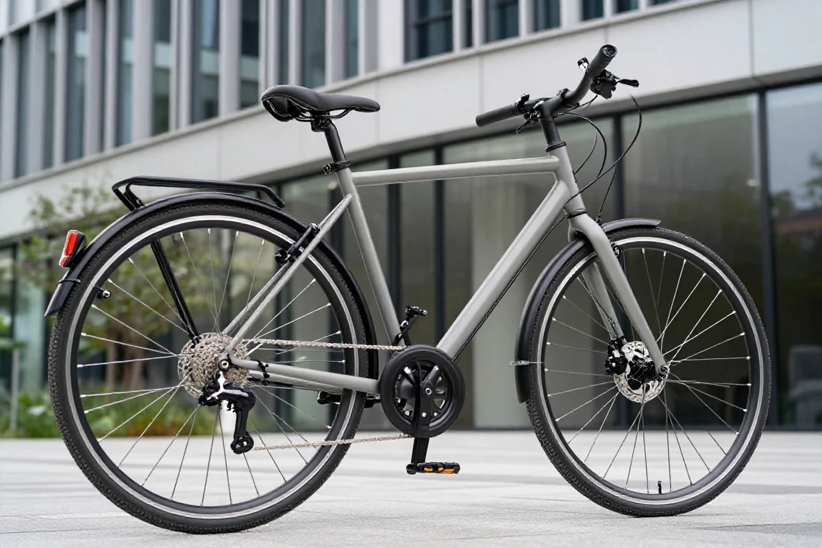 Nowoczesny rower miejski obok biurowca, idealny do dojazdów rowerem.