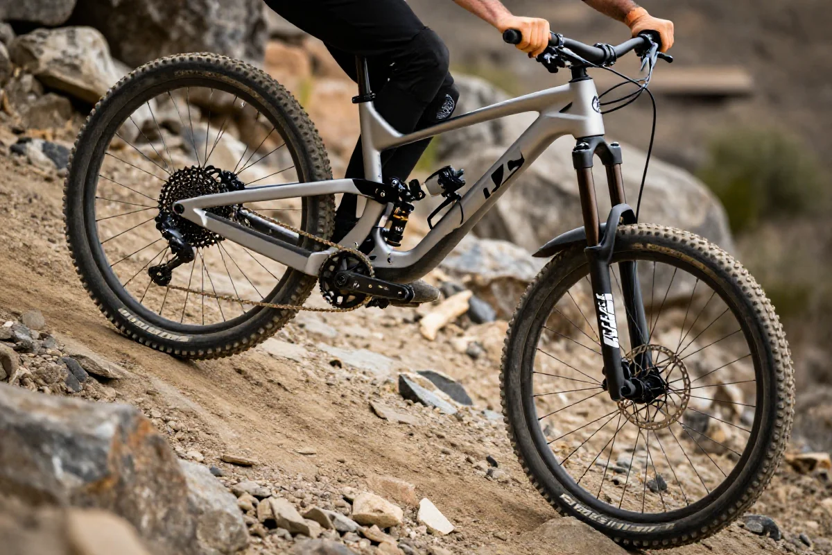 Rower górski na stromym zjeździe, ukazujący nowoczesne zawieszenie i hamulce.