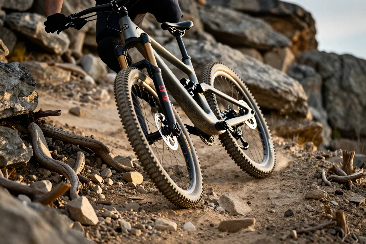 Rower górski na stromym zjeździe z przeszkodami technicznymi, z widocznymi detalami.