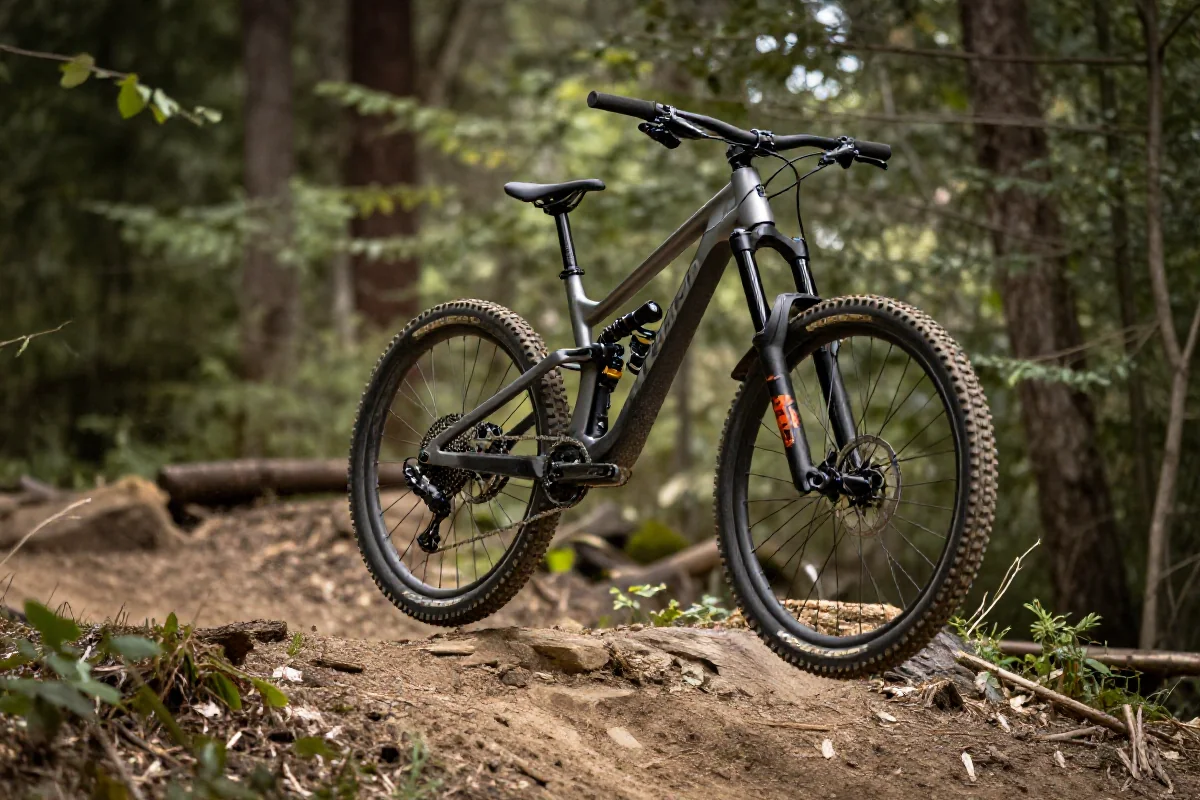 Rower górski w powietrzu podczas skoku na przeszkodzie w terenie