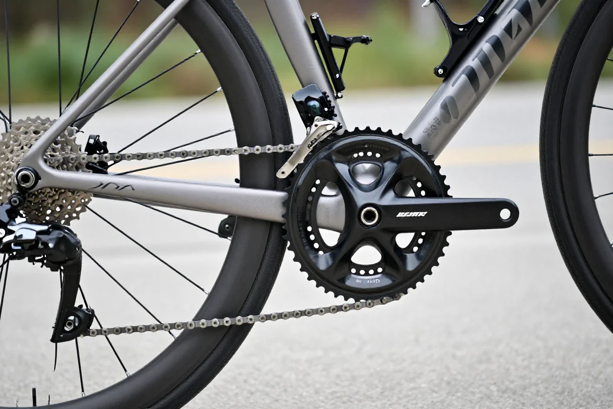Szczegółowy widok napędu roweru szosowego, podkreślający jego precyzyjne komponenty.