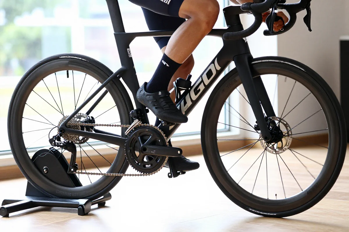 Blisko ujęcie roweru szosowego do treningu wytrzymałościowego w jasnym wnętrzu.