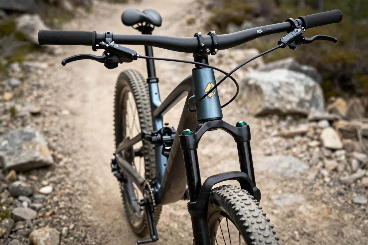 Zbliżenie na kierownicę roweru górskiego w terenie, ukazujące detale techniczne.