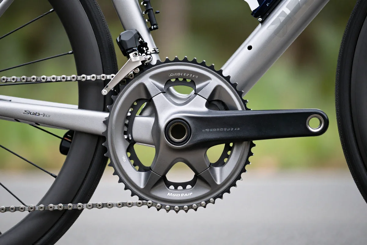 Zestaw korb Sub-Compact 48/32 na rowerze szosowym, pokazujący detale komponentów.