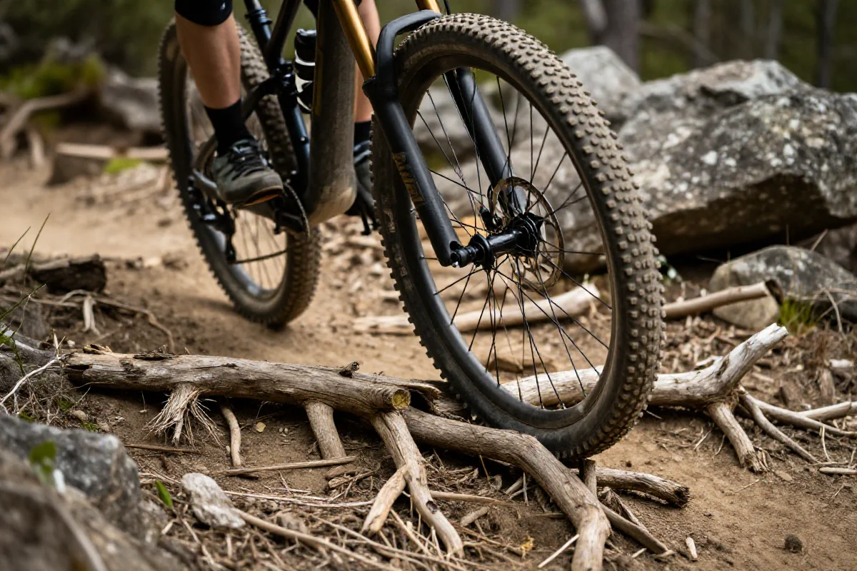 Rower górski pokonujący suche korzenie na trudnym szlaku MTB.
