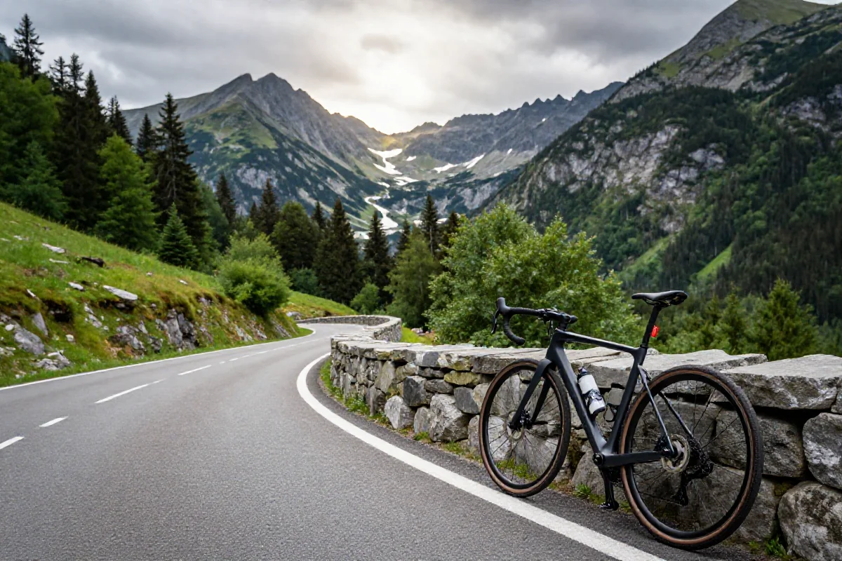 Rower szosowy w Sudetach, z górzystym krajobrazem w tle.