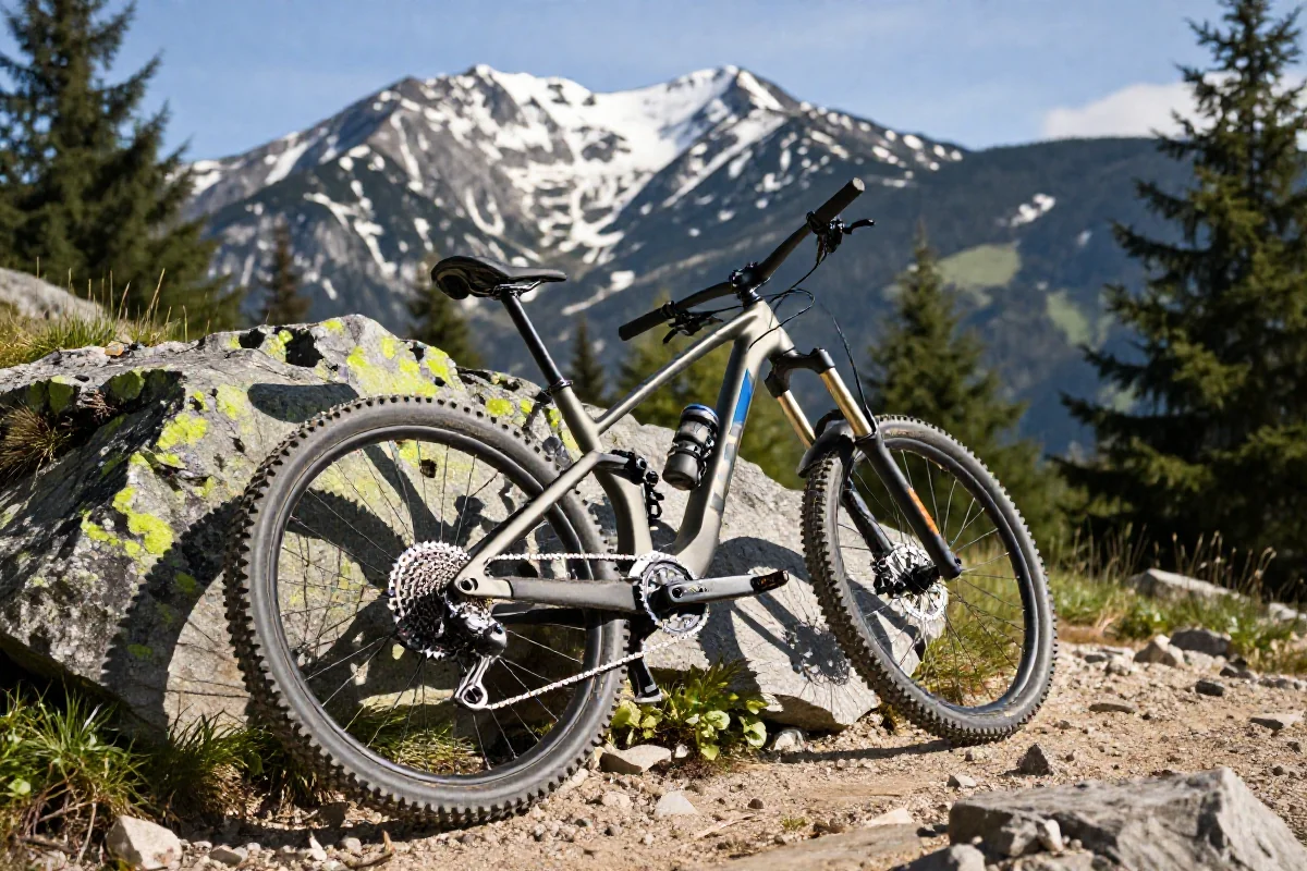 Rower górski na tle Masywu Śnieżnika w Sudetach Wschodnich