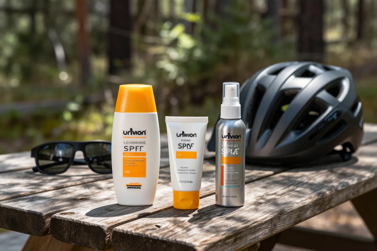 Różne produkty przeciwsłoneczne do długich tras rowerowych MTB