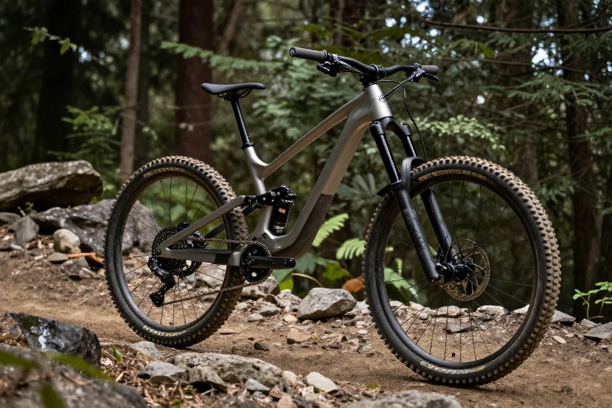 Super-enduro rower górski na skalistej trasie w lesie.