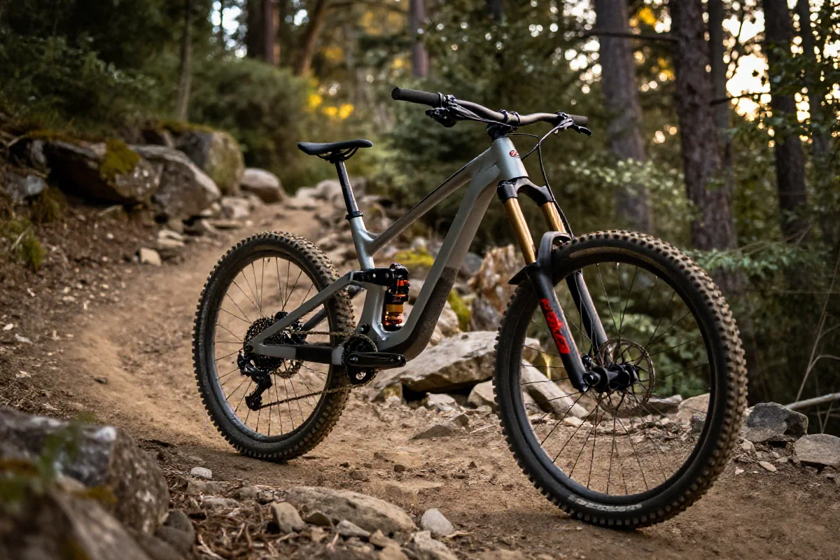 Rower enduro na szlaku w lesie, cechy techniczne podkreślone przez naturalne światło.