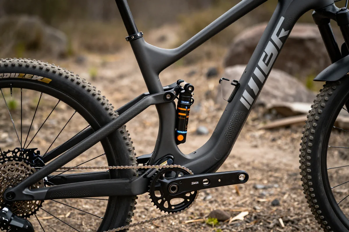 Szczegóły ramy roweru górskiego w naturalnym otoczeniu, podkreślające techniczne elementy.