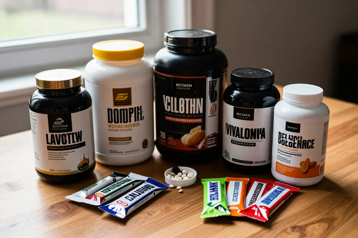 Suplementy dla kolarzy na drewnianym stole, różne opakowania i składniki.