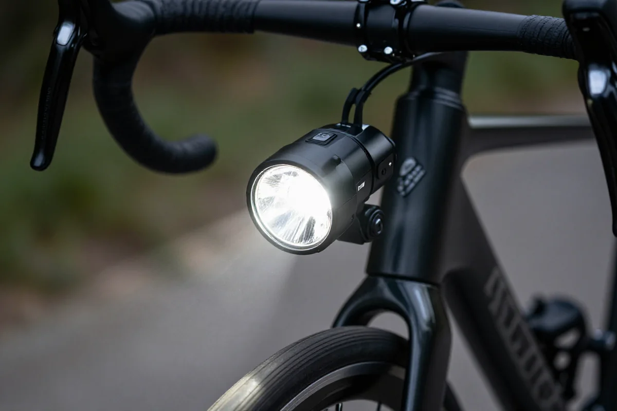 Przednie światło rowerowe LED z wyraźnym wzorcem wiązki i wysoką jasnością.