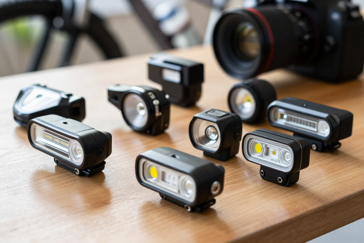 Różne światła tylne do rowerów w naturalnym świetle na stole.