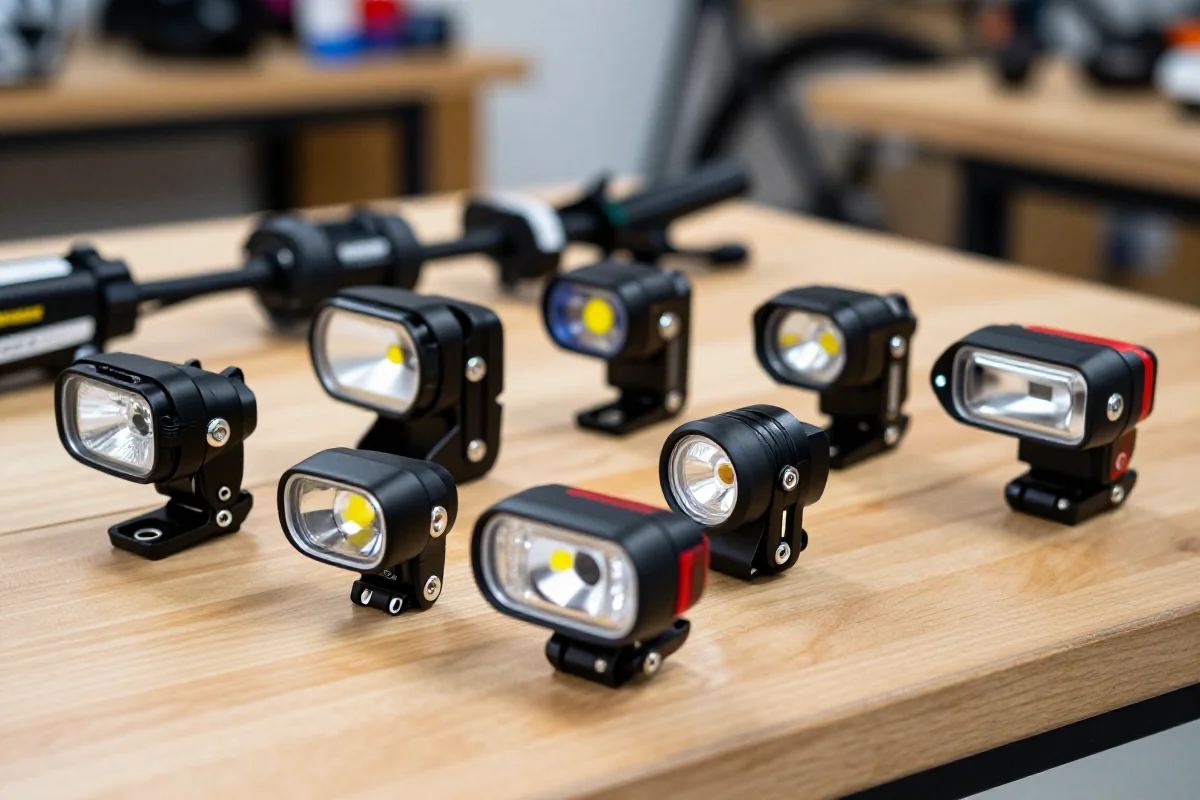 Różnorodne światła tylne do rowerów elektrycznych na stole warsztatowym.