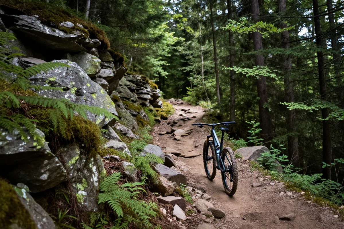 Szlak rowerowy MTB w Górach Świętokrzyskich z gęstą roślinnością