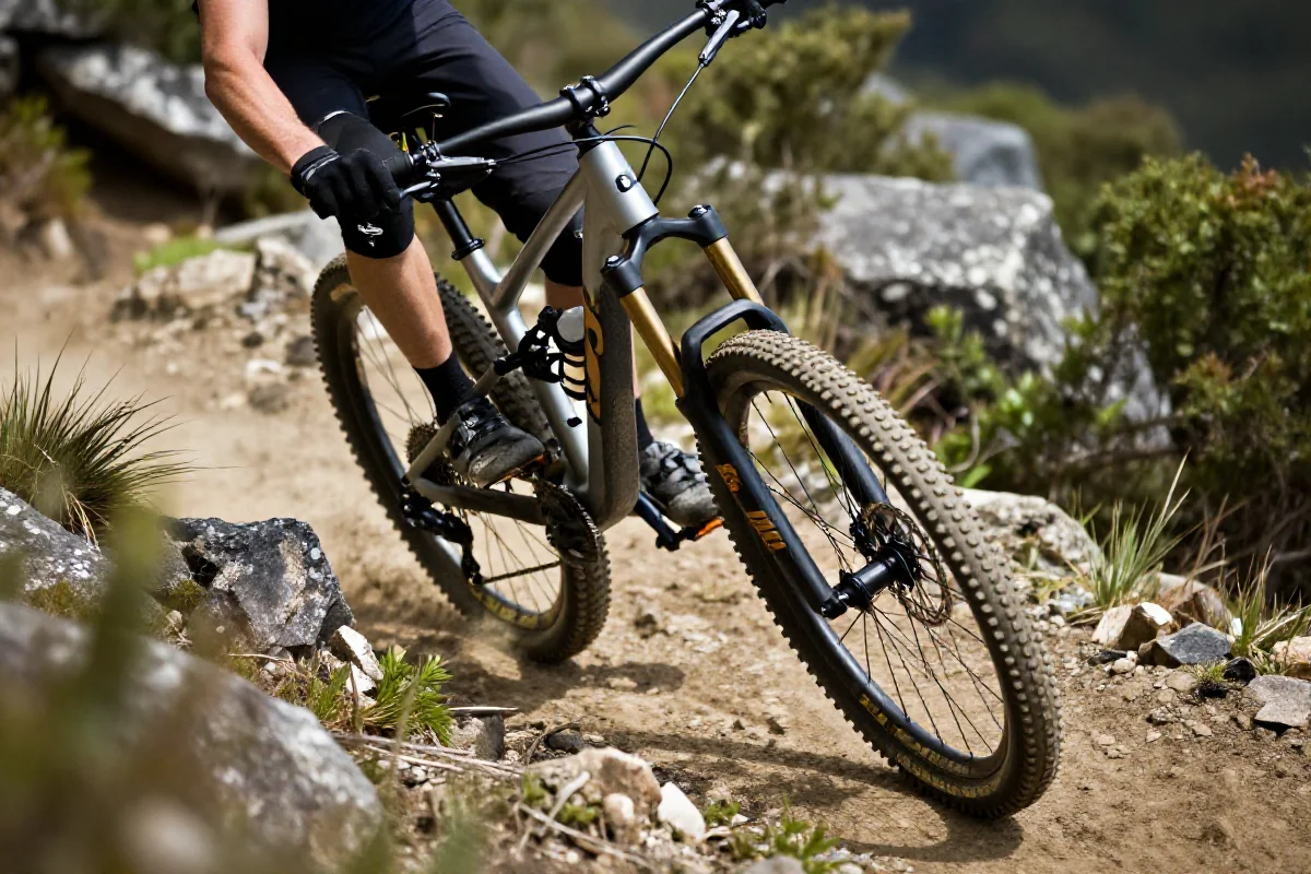 Rower górski pokonujący ciasny zakręt na stromej trasie MTB.