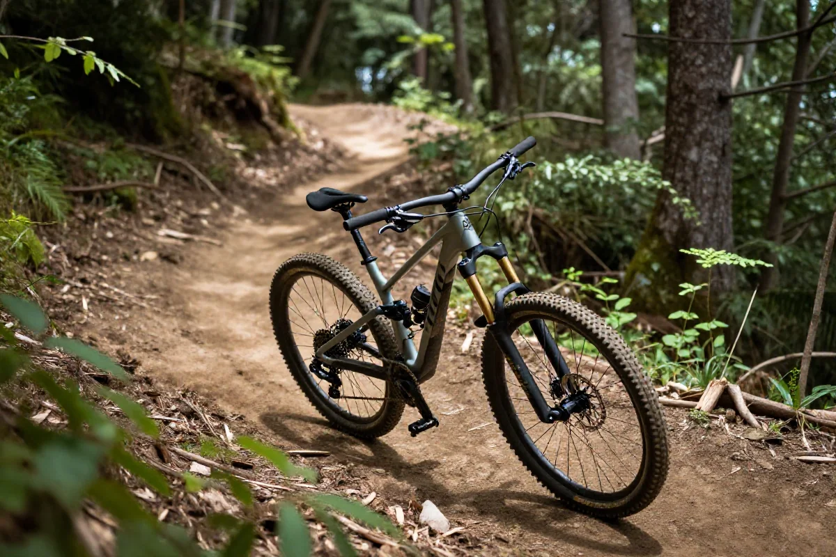 Rower górski pokonujący ciasny zakręt na trudnym podjeździe w lesie.