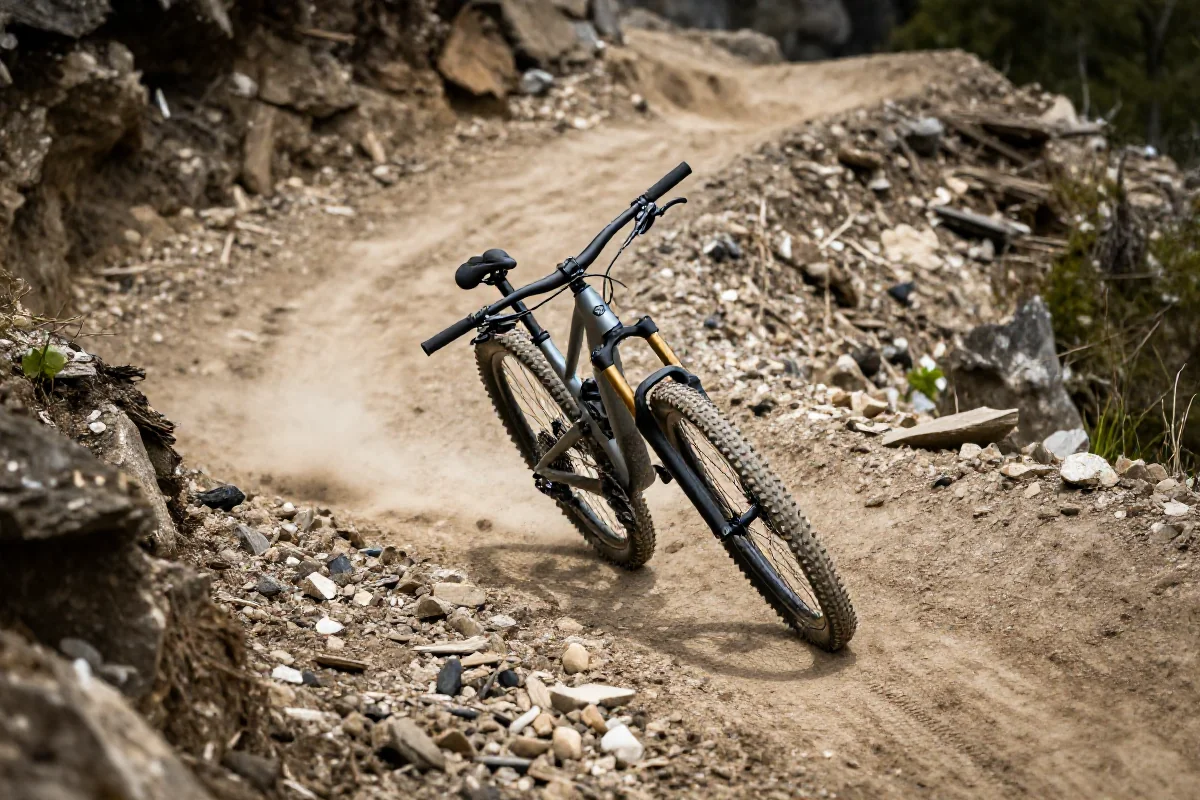 Rower górski pokonujący switchback na stromej trasie MTB.