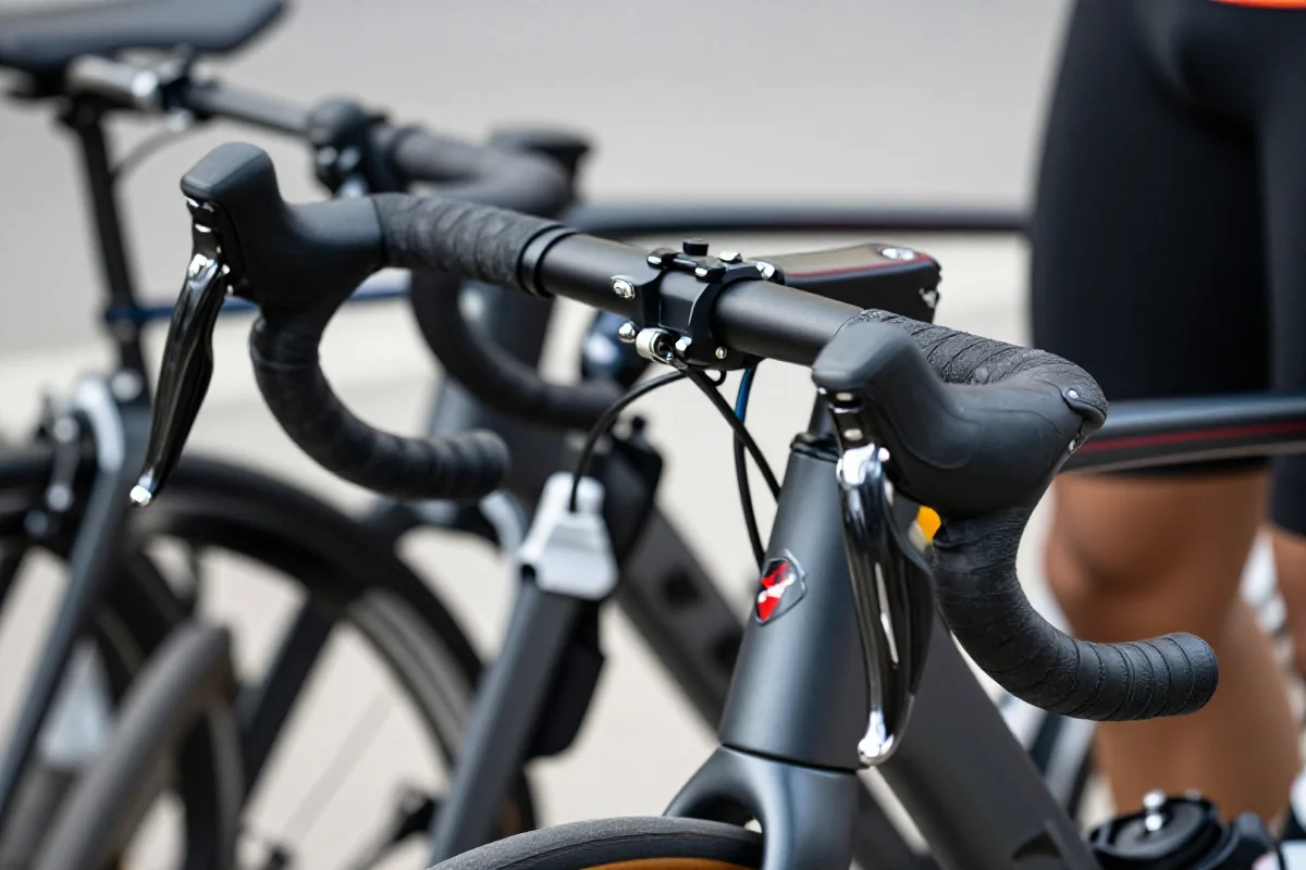 Zbliżenie kierownicy roweru z komponentami do jazdy grupowej