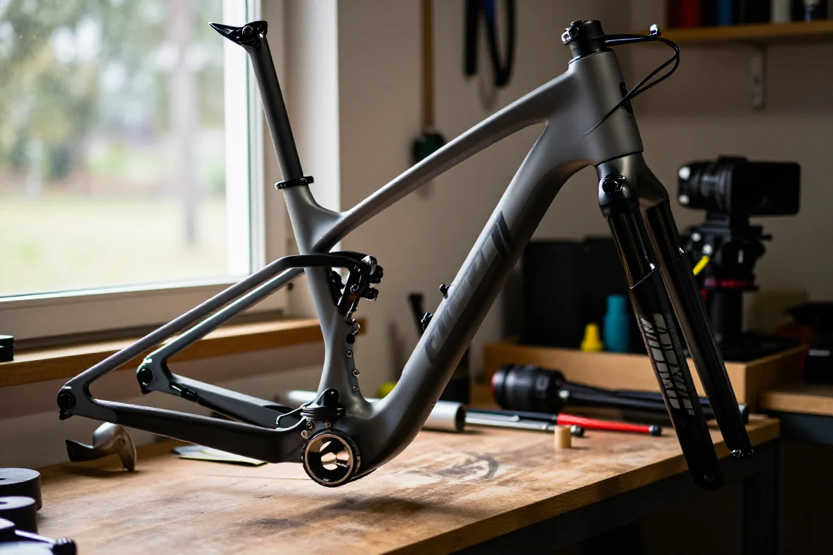 Rama roweru górskiego w warsztacie, z bliska, pokazująca szczegóły geometrii.