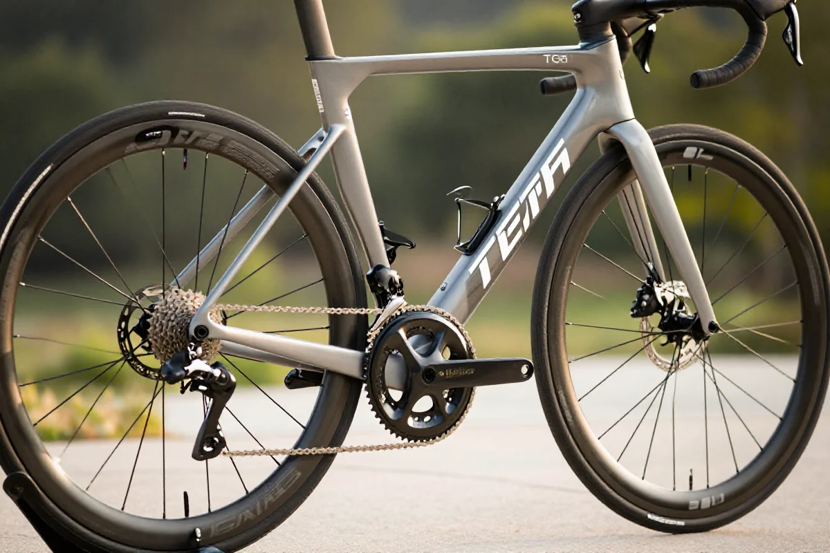 Szczegółowy widok na kolarstwo szosowe z nowoczesnym rowerem wyścigowym.