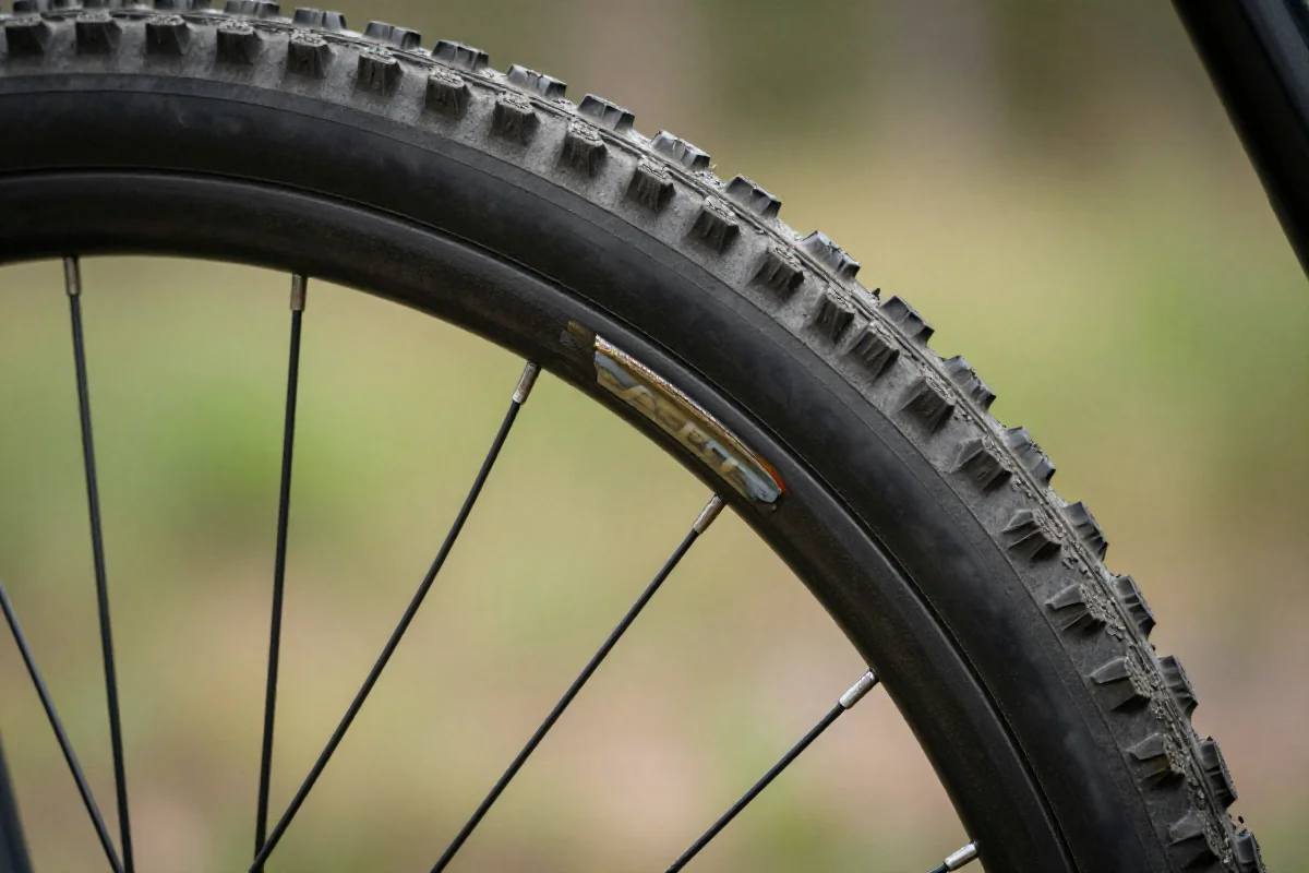 Zbliżenie na koło MTB tubeless-ready z widoczną oponą i uszczelniaczem.