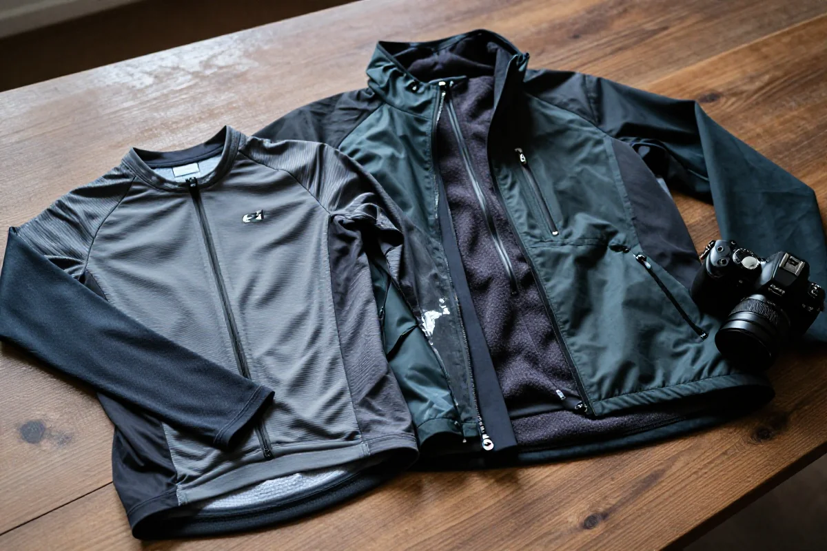 Zimowy strój rowerowy składający się z trzech warstw na tle drewna.