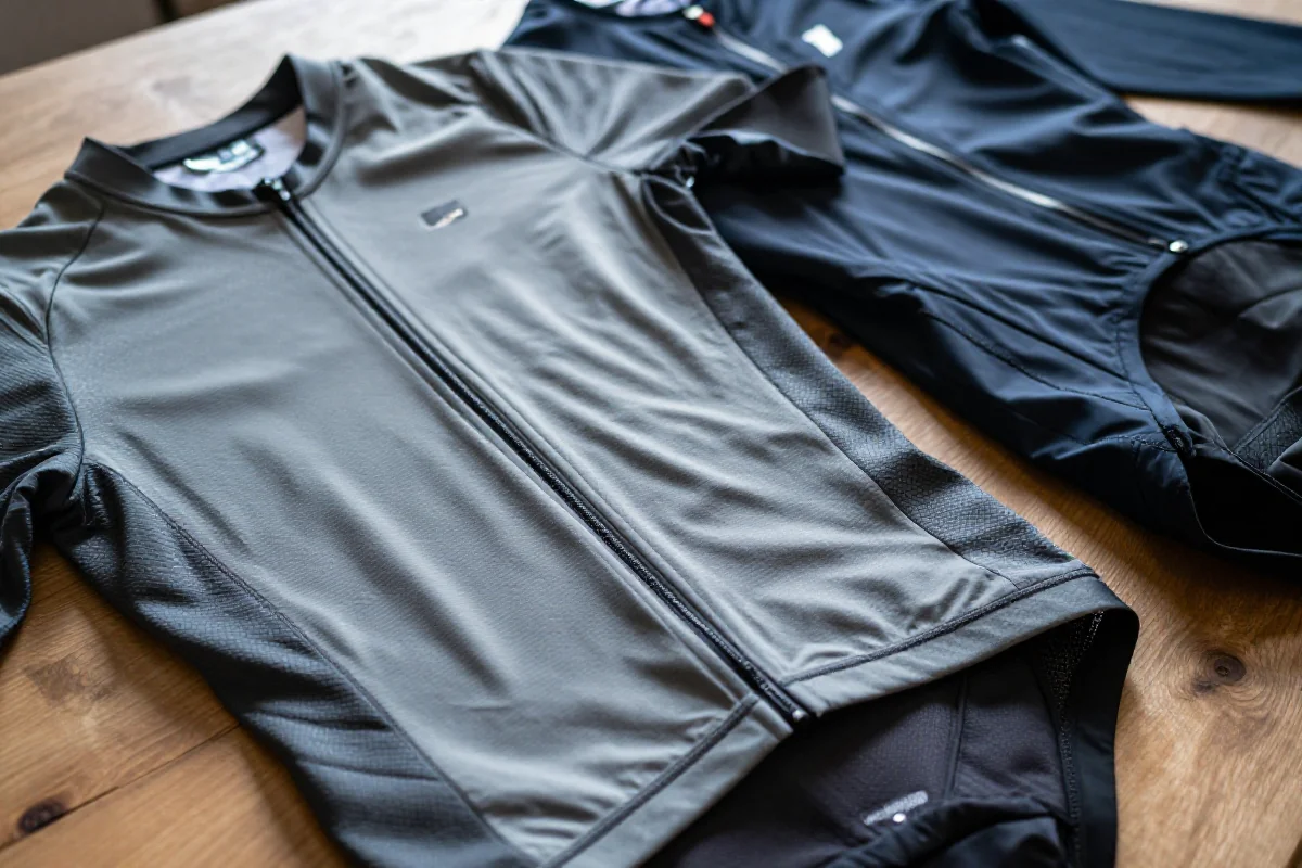 Warstwowy system odzieży zimowej dla rowerzystów miejskich na drewnianej powierzchni.