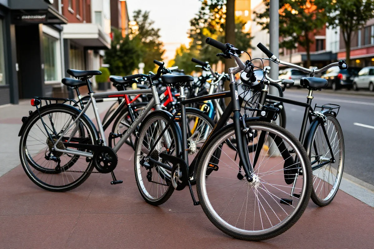 Różne rowery na miejskiej ulicy, idealne do eksploracji dzielnicy rowerem.