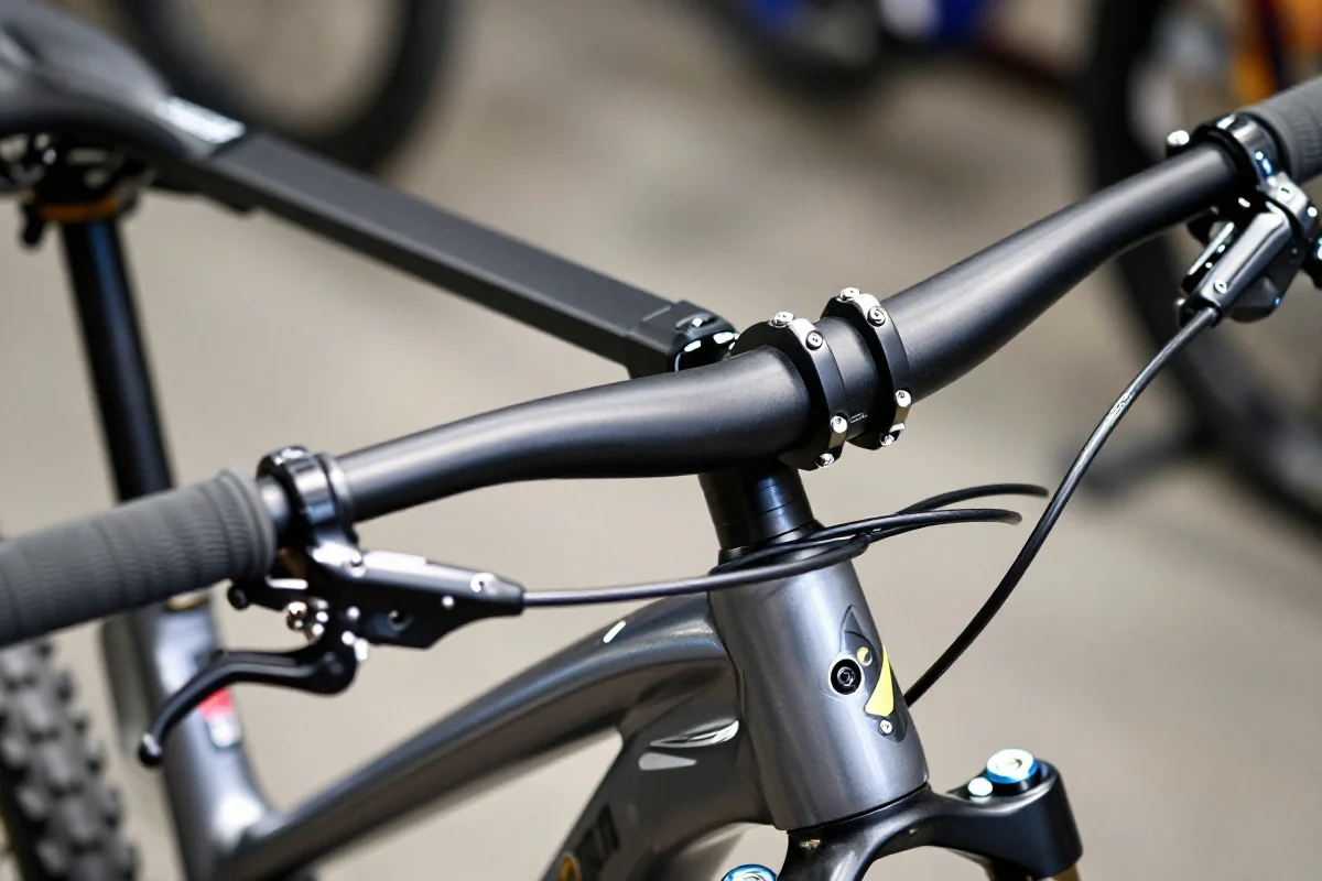 Szczegółowe zdjęcie kierownicy roweru górskiego z uchwytami i mostkiem.
