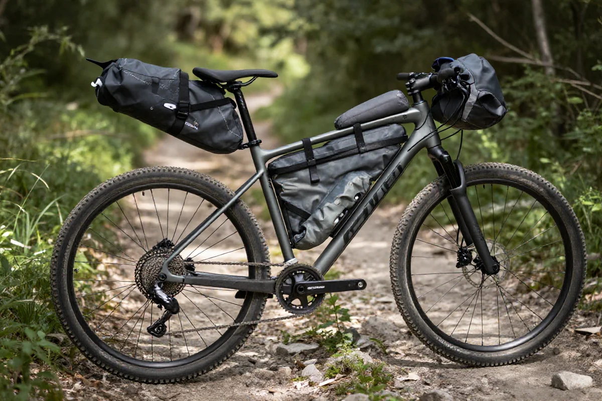 Rower górski z torbą ramową na szlaku bikepackingowym w przyrodzie.