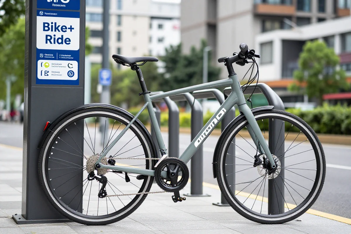 Nowoczesny rower zaparkowany przy stacji Bike+Ride w mieście.
