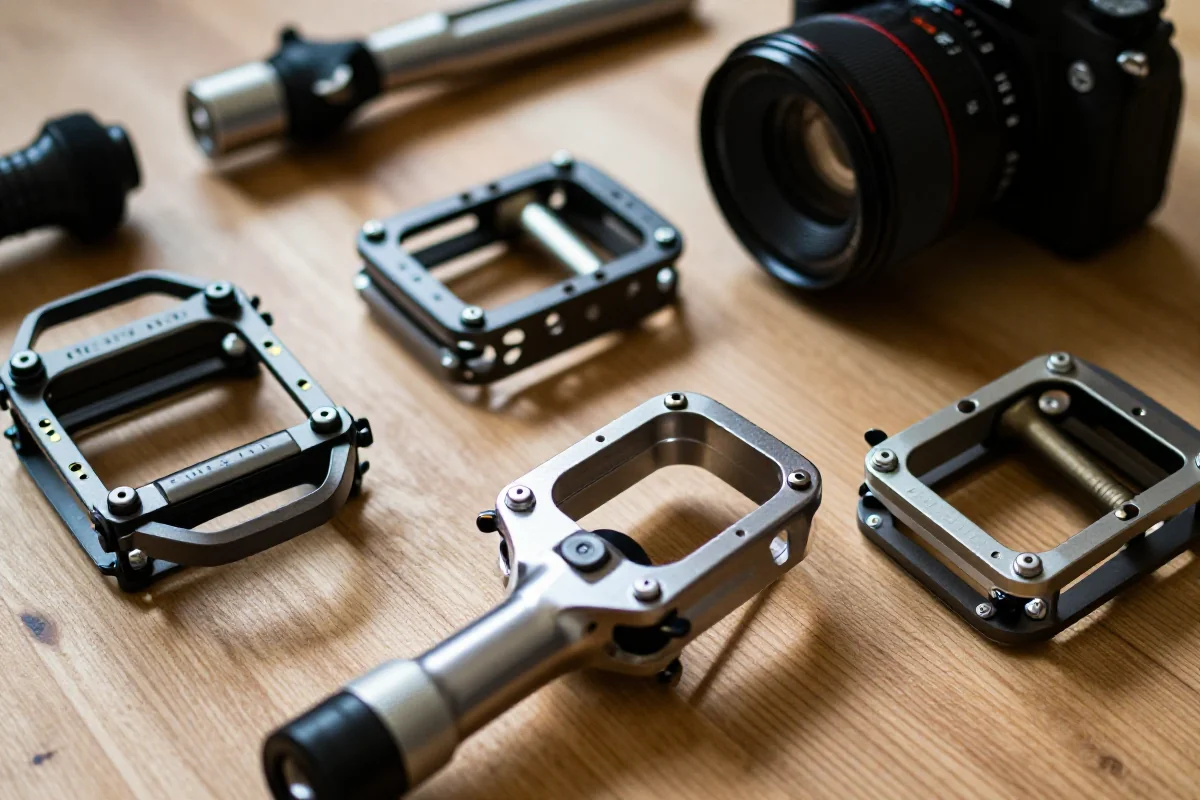 Różne systemy cleats do rowerów enduro na drewnianej powierzchni.